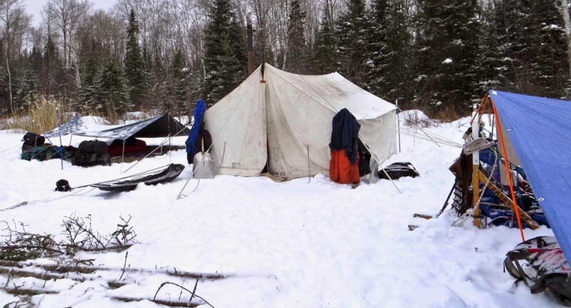 A campsite rests in a snowy area with evergreens in the background 